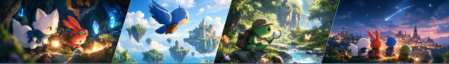 Four mascots exploring different paths